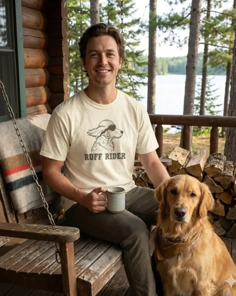 Cream-colored cotton dachshund tee with Ruff Rider dog graphic by Trini Skies