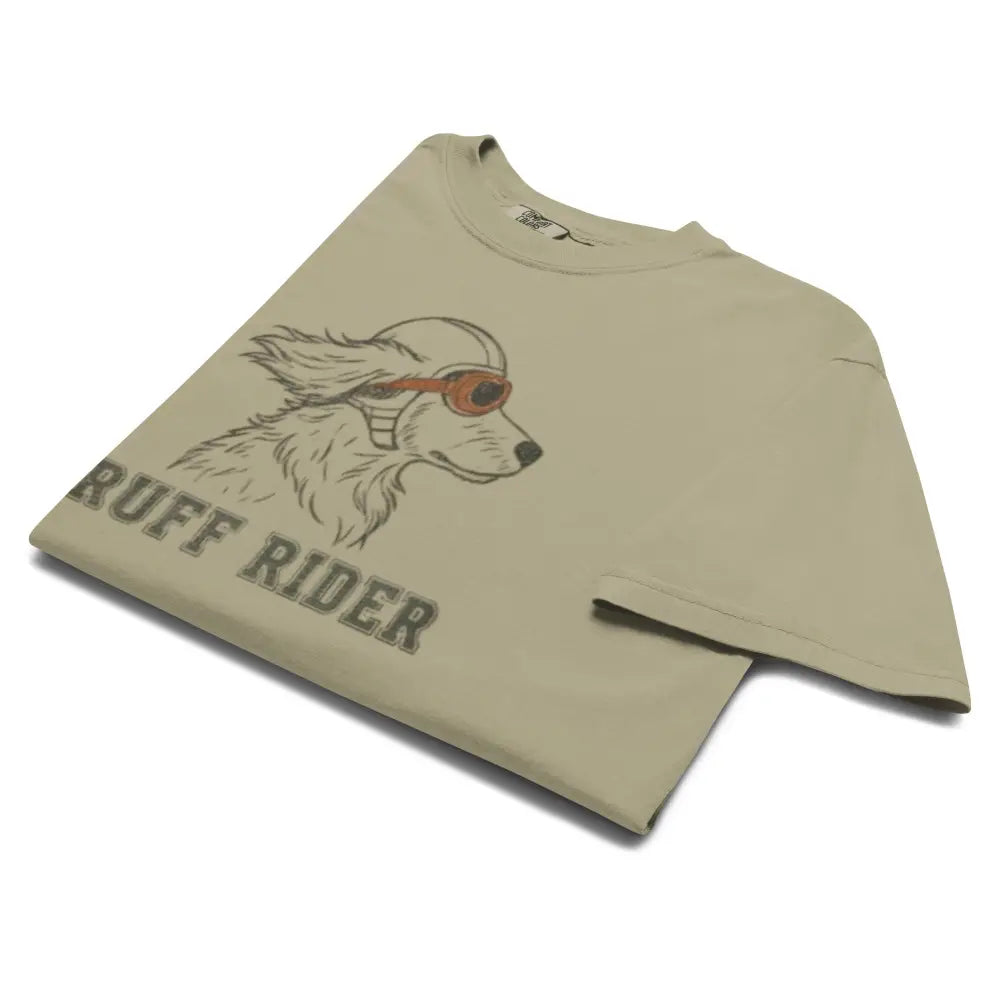 Khaki Dachshund tee with helmeted dog in sunglasses and ruff rider graphic