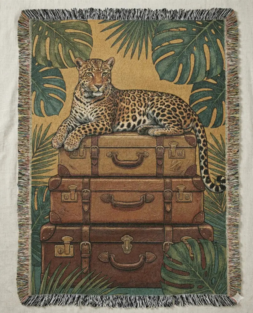 Majestic leopard on vintage leather trunks in woven tapestry throw, luxury maximalist jungle decor
