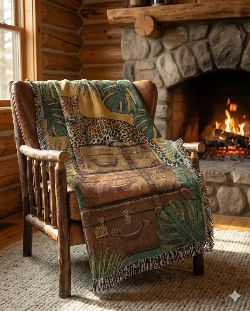 Cozy woven tapestry throw with majestic leopard on vintage leather trunks in jungle foliage