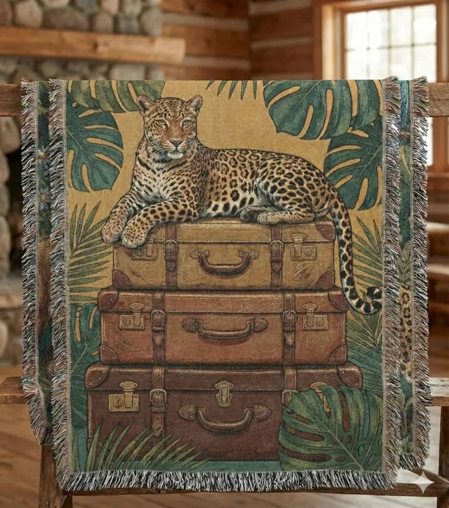 Majestic leopard on vintage leather trunks in luxury maximalist jungle woven tapestry throw