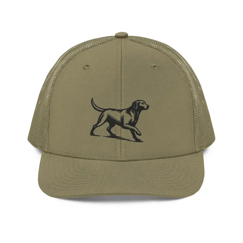 Olive green embroidered corduroy cap with timeless Labrador Retriever design and Trini Skies logo