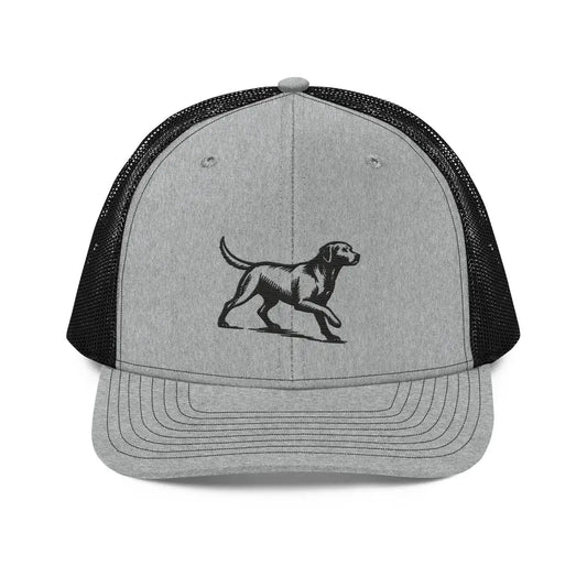 Gray embroidered corduroy cap with a timeless Labrador Retriever design and Trini Skies branding