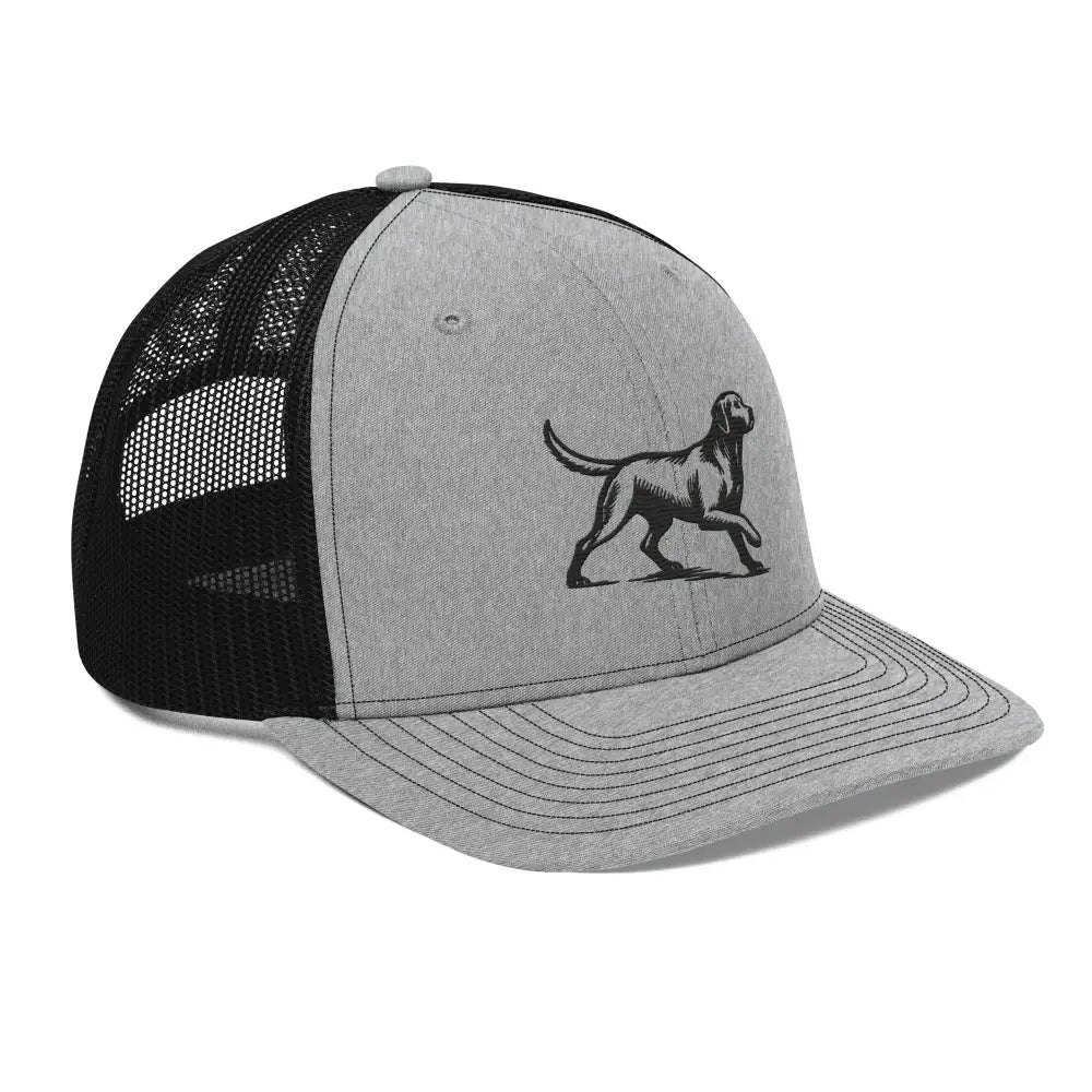 Gray and black embroidered corduroy cap featuring a timeless Labrador retriever illustration