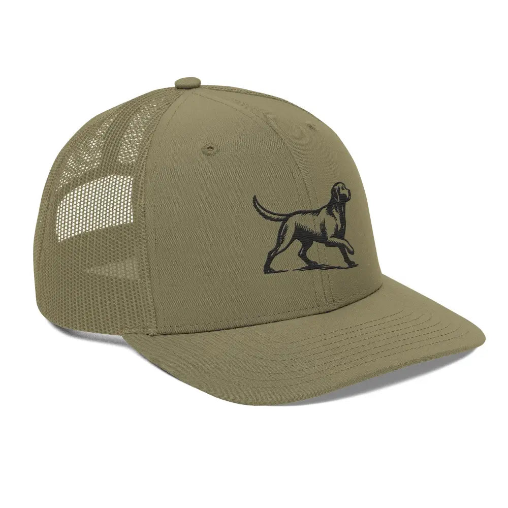 Olive green embroidered corduroy cap with timeless Labrador retriever graphic and Trini Skies logo