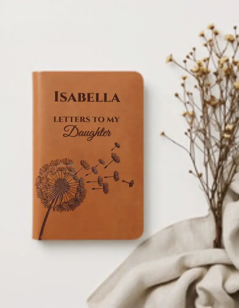 Personalized brown leatherette daughter journal with dandelion design for parent love