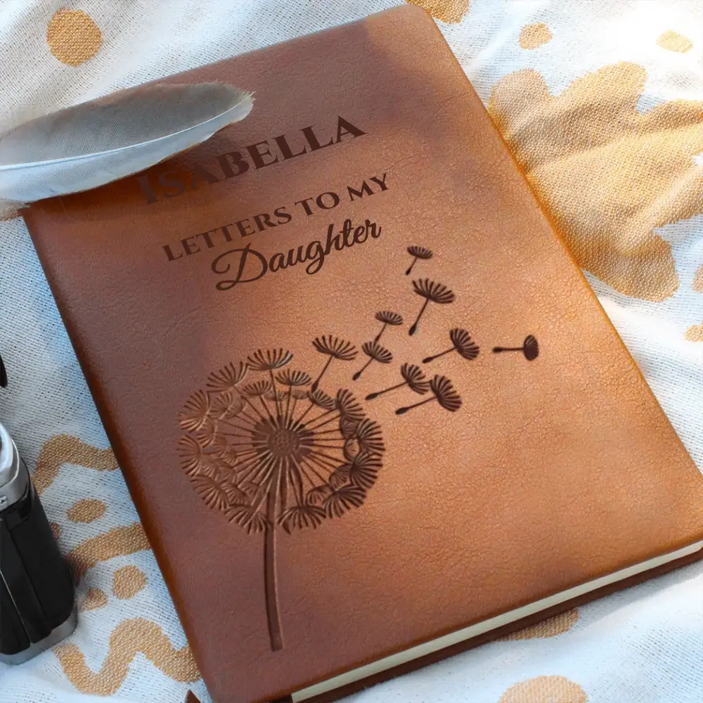 Personalized vegan leather journal with embossed dandelion for daughter