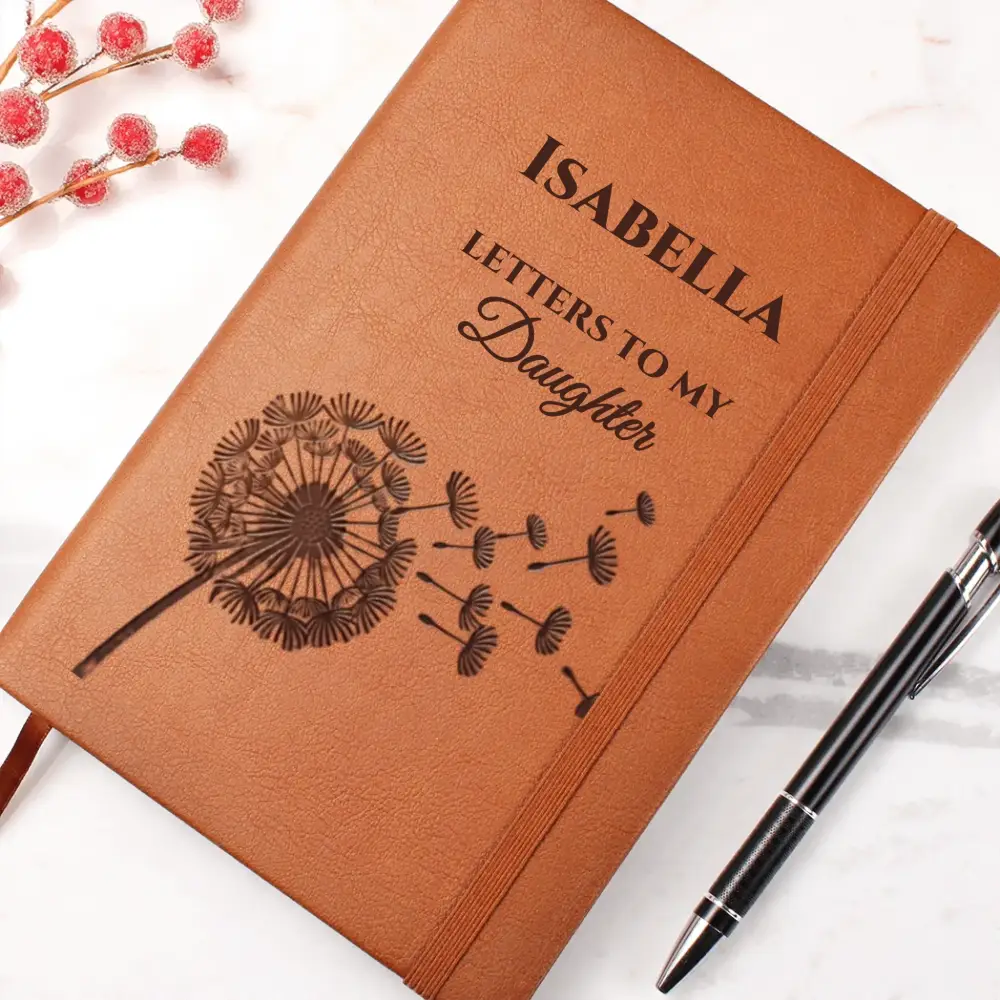 Personalized vegan leather journal with dandelion design for daughter