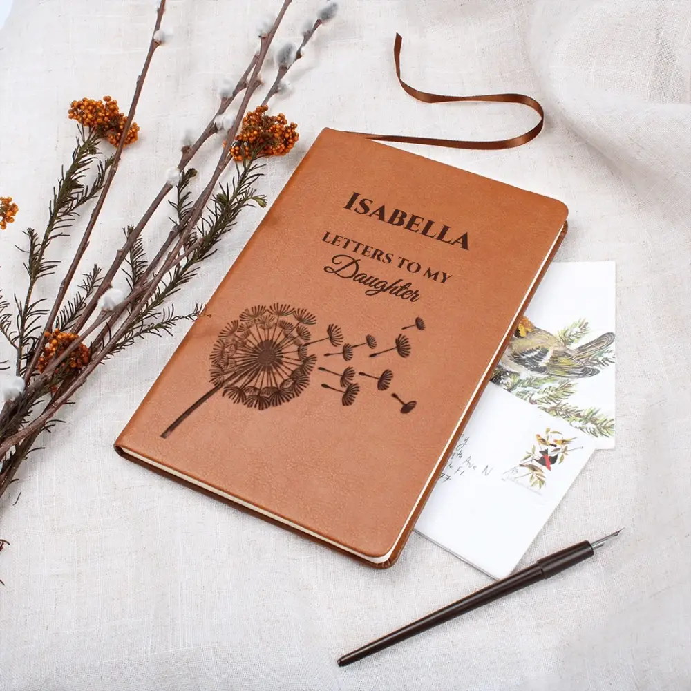 Personalized vegan leather journal with dandelion design for daughter