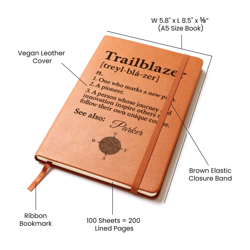 Tan vegan leather Trailblazer Journal with elastic band and ribbon bookmark