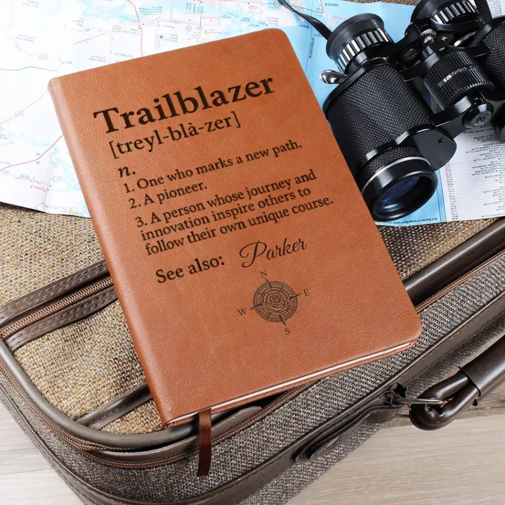 Personalized brown vegan leather trailblazer journal with compass rose