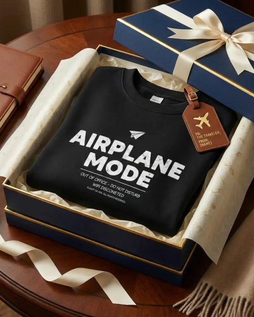 Unisex black airplane mode crewneck sweatshirt in gift box
