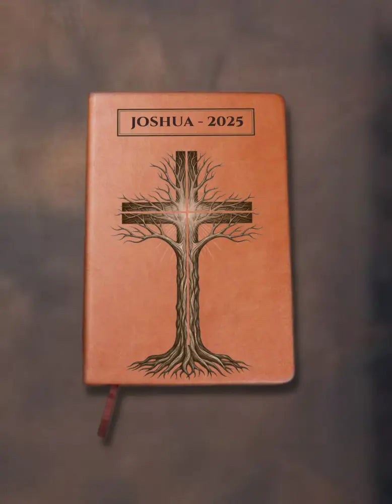 Orange-brown Tree Cross Bible with tree-cross design and red bookmark for cross journal