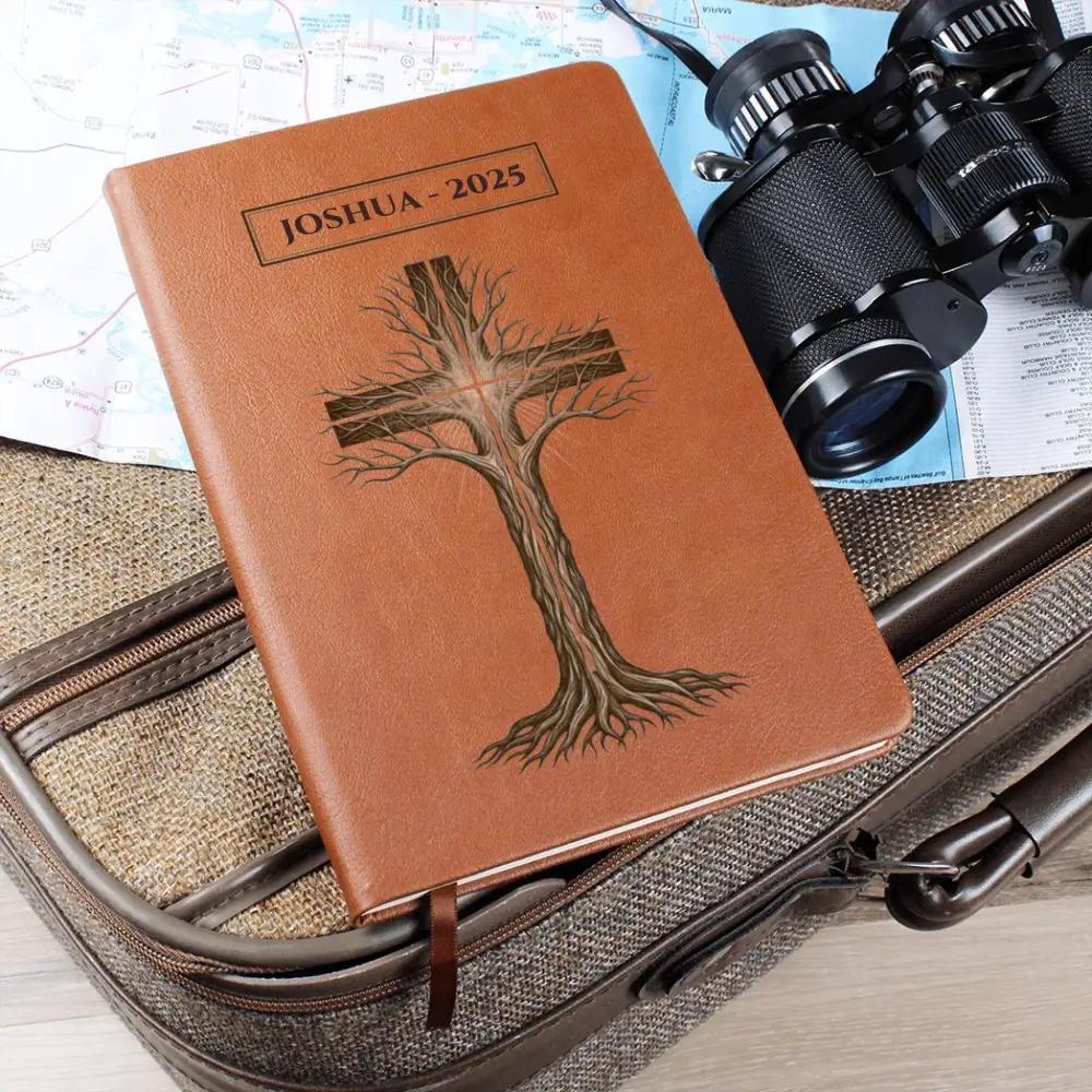 Personalized vegan leather tree cross journal with brown tree-shaped cross design