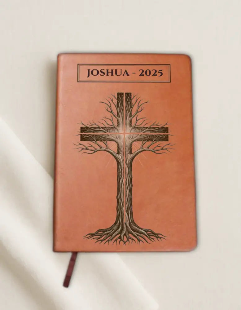 Brown vegan leather tree cross journal with personalized Christian design