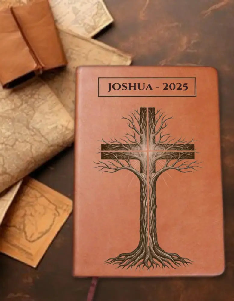 Brown leather-bound Tree Cross journal with tree-shaped cross design for elegant note-taking