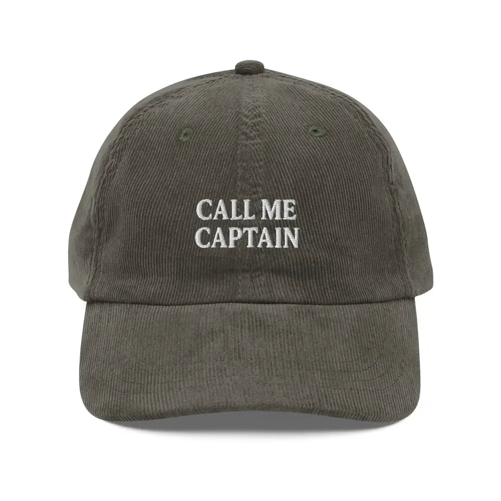 Trini Skies embroidered corduroy cap with Call Me Captain hat design