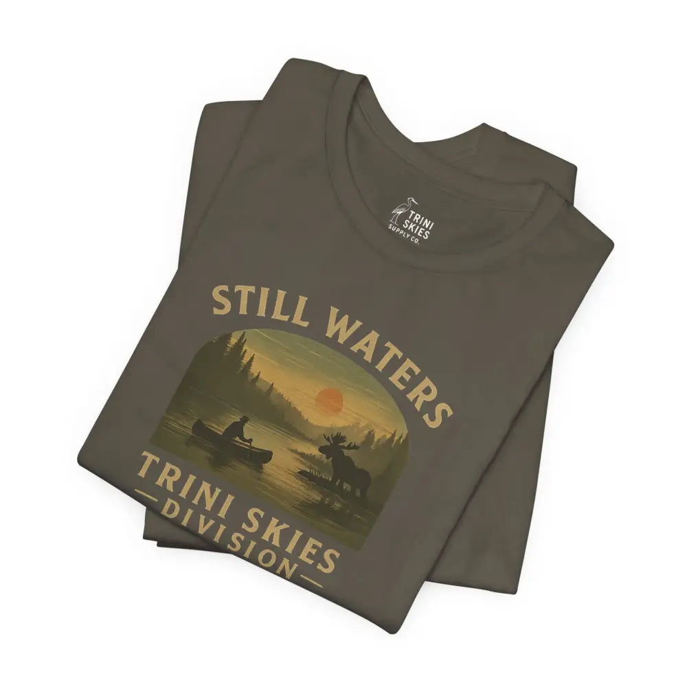 Folded olive green Trini Skies Division Lake Series Captures canoe tee