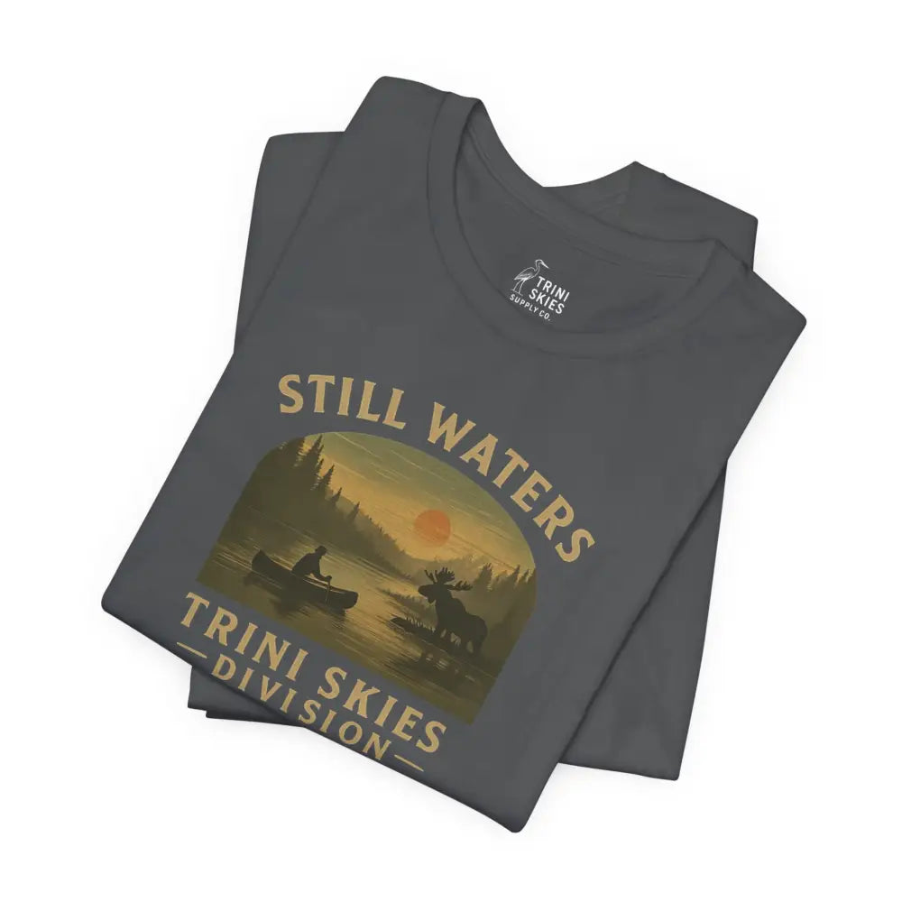 Dark gray Trini Skies Division Lake Series Captures Canoe Graphic Tee with moose at sunset