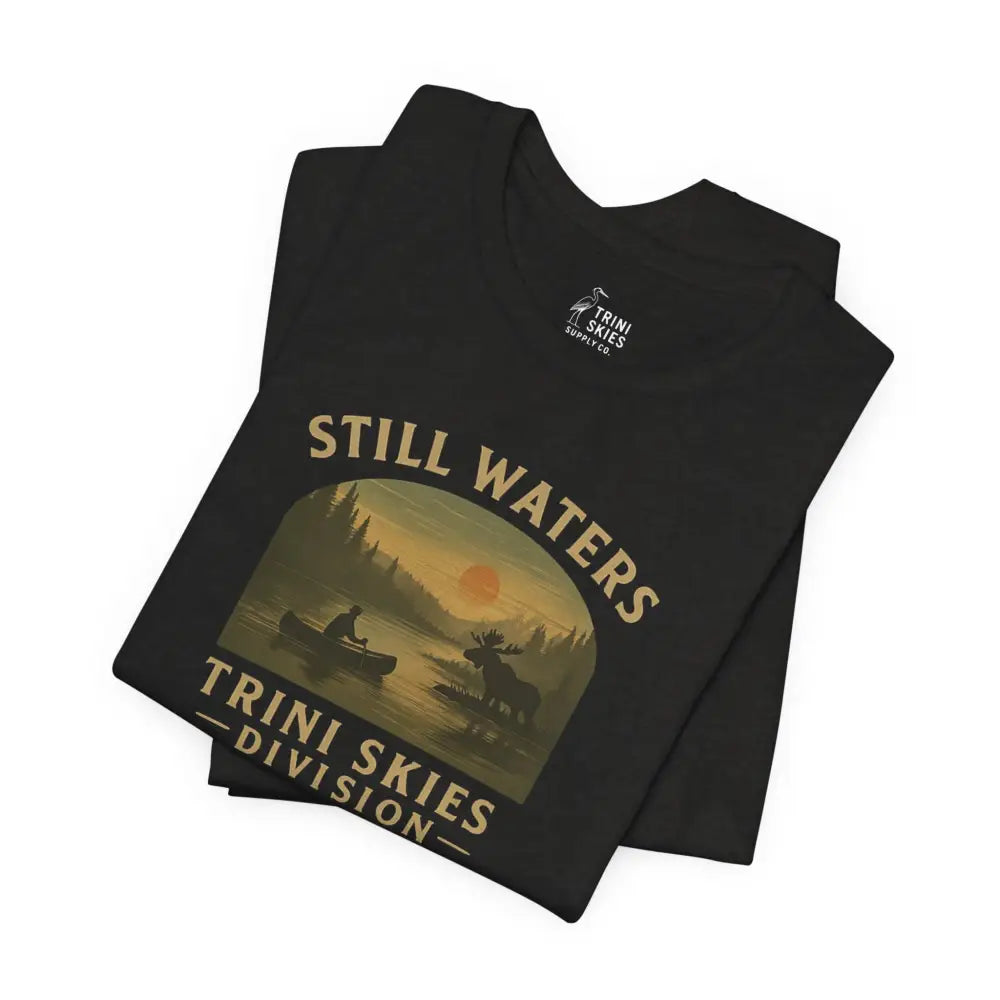 Black T-shirt with Trini Skies Division lake series captures waters run deep canoe graphic