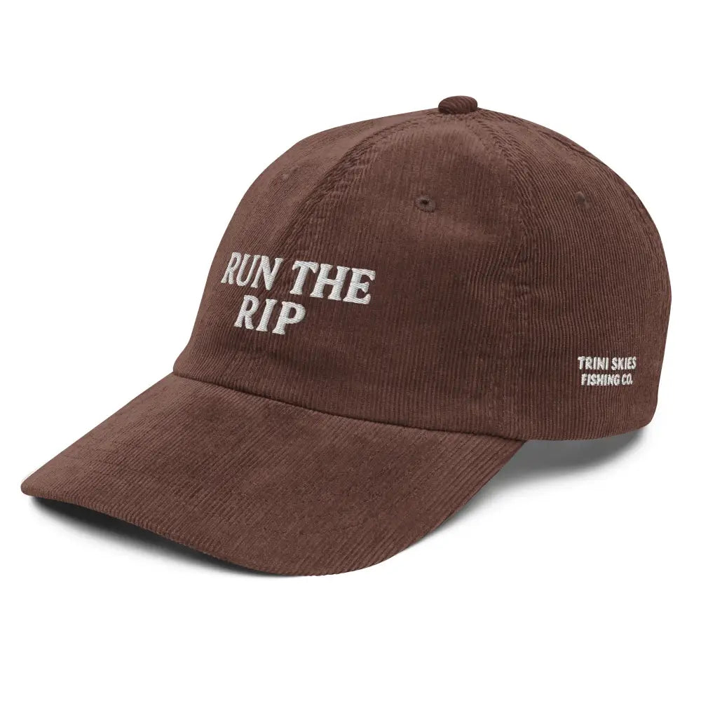 Trini Skies Fishing embroidered corduroy cap with RUN THE RIP text