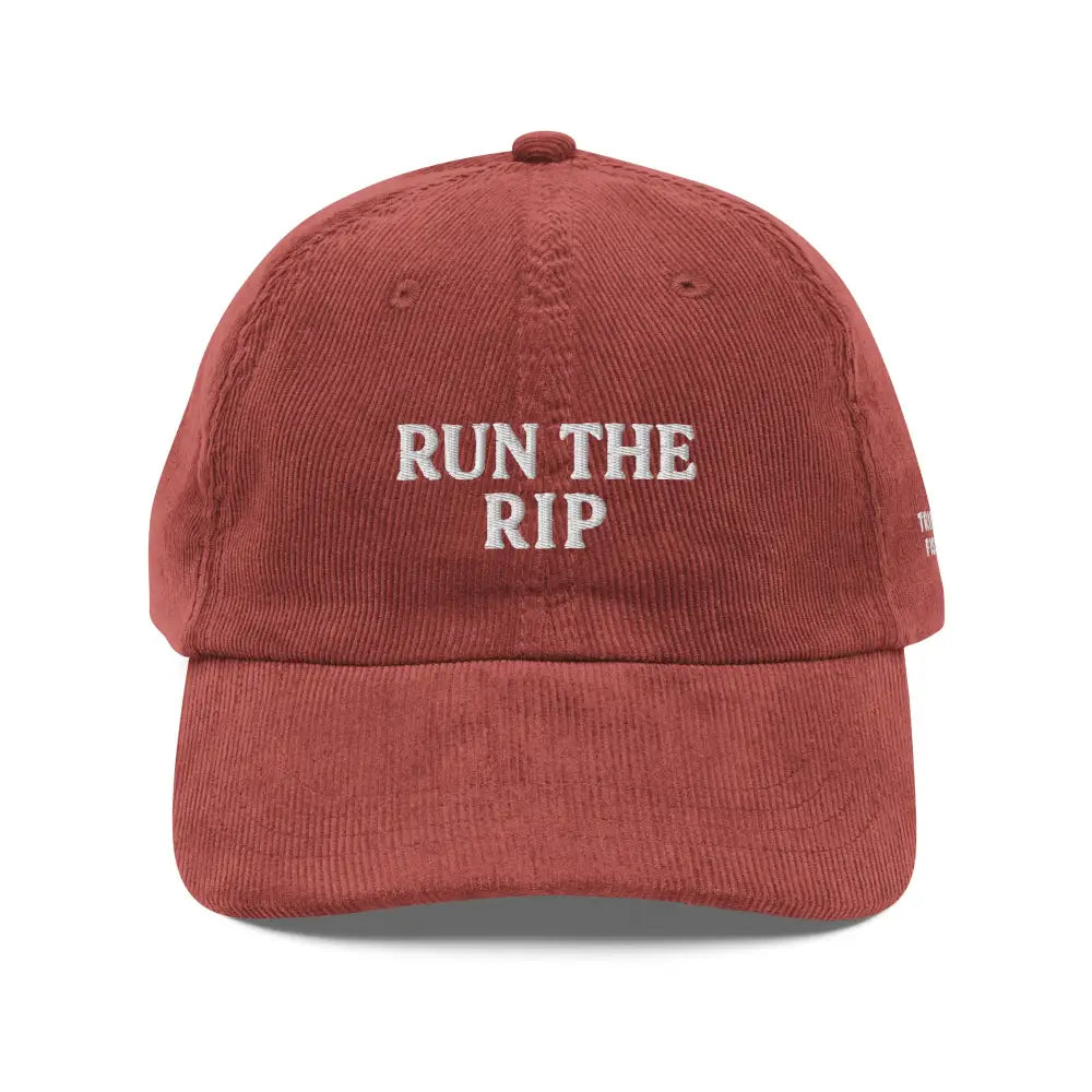 Trini Skies Fishing embroidered corduroy cap in reddish-brown with RUN THE RIP text