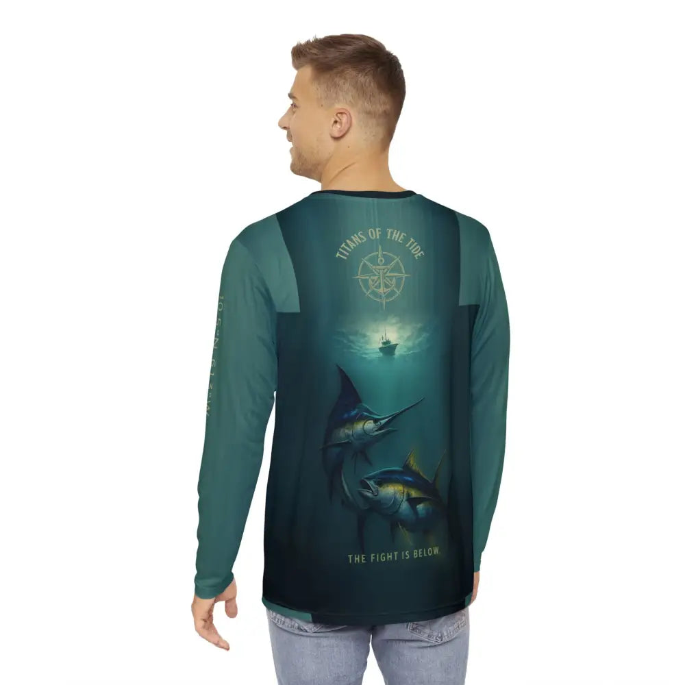 Titans of the Tide offshore fishing shirt in teal with deep-sea graphic
