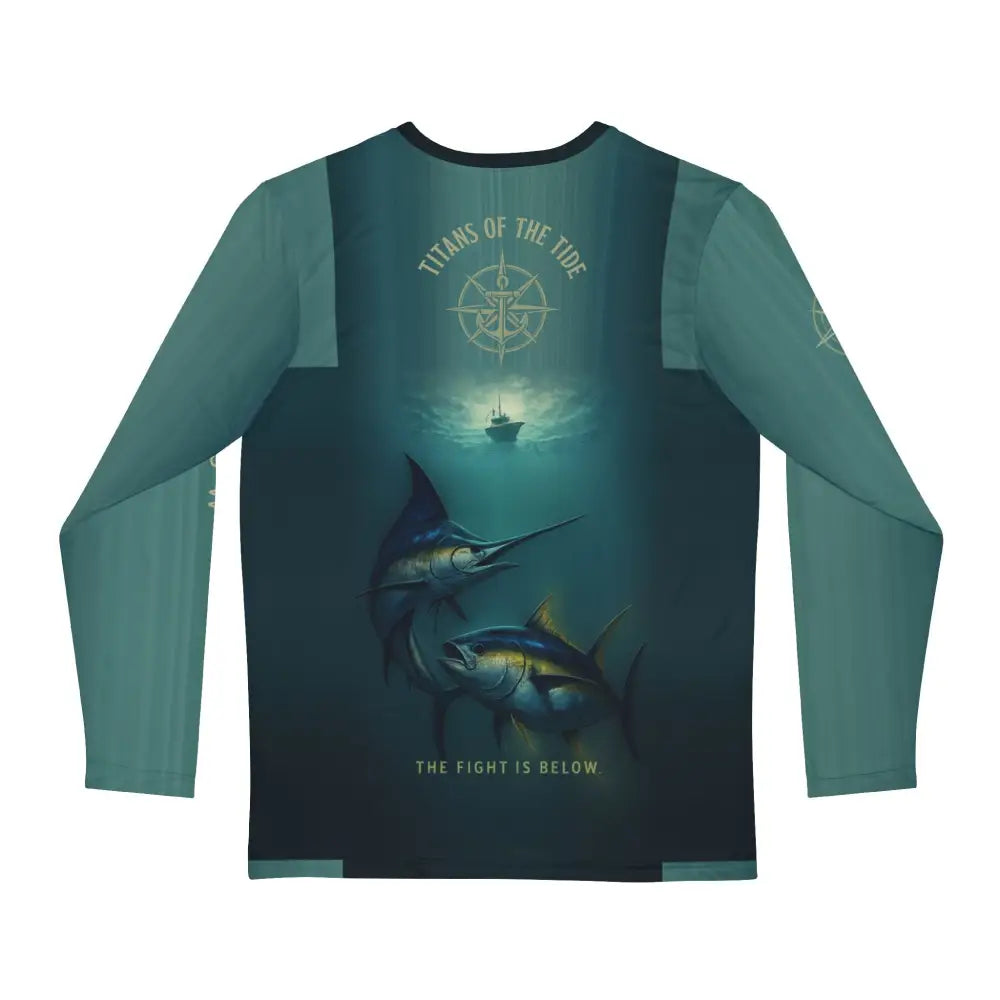 Teal long-sleeved Trini Skies offshore fishing shirt with deep-sea design