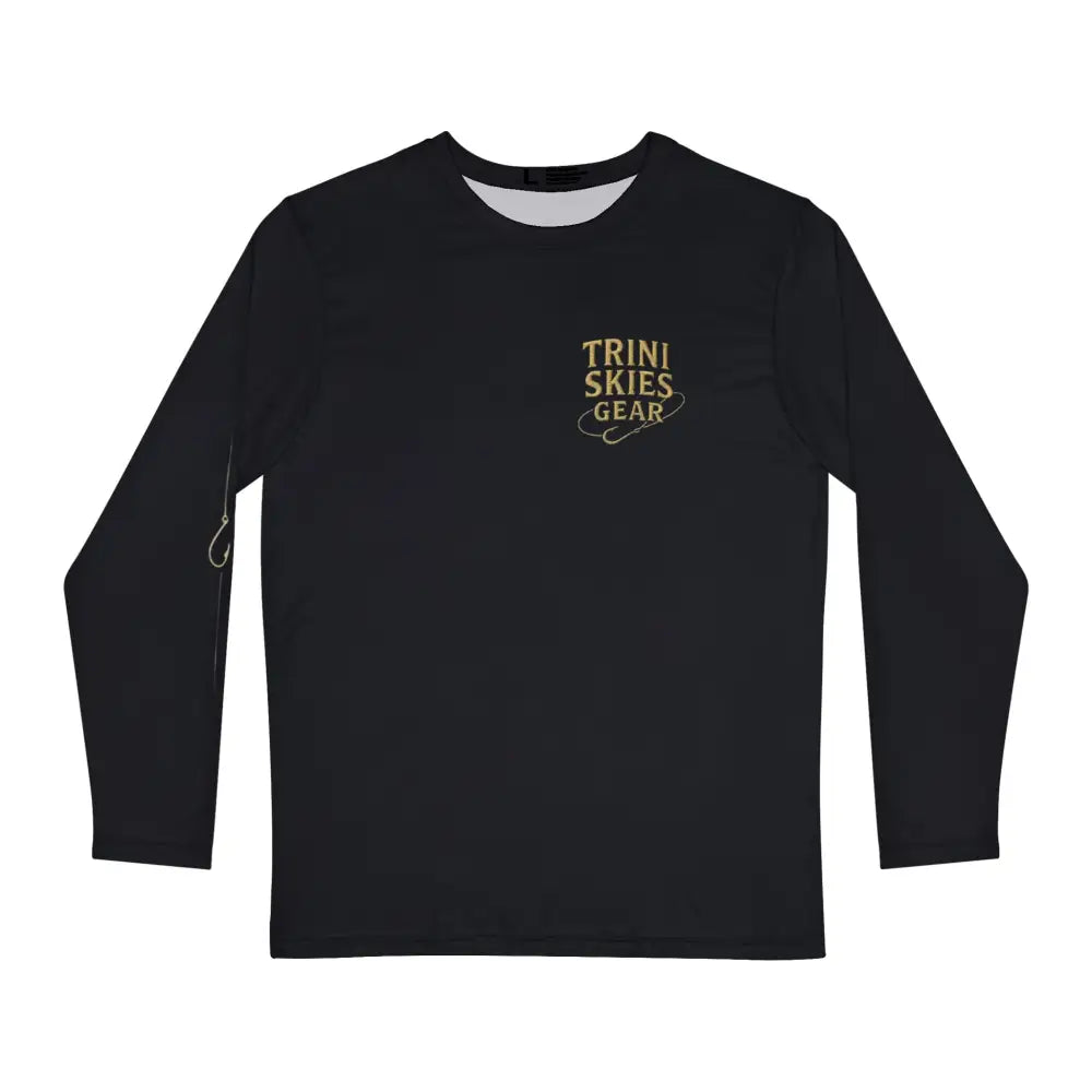 Black long-sleeve t-shirt with Trini Skies Gear text