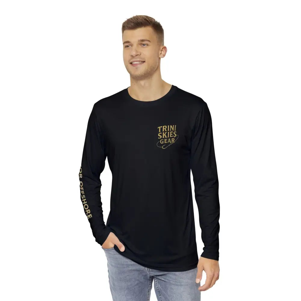 Men’s black Trini Skies Mahi Mahi long sleeve fishing shirt with gold logo