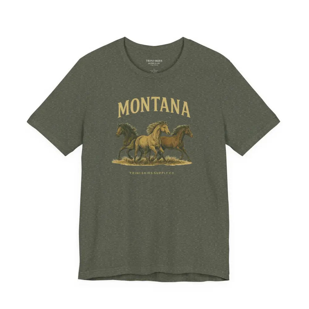 Montana Wild Horses olive green graphic t-shirt with three horses