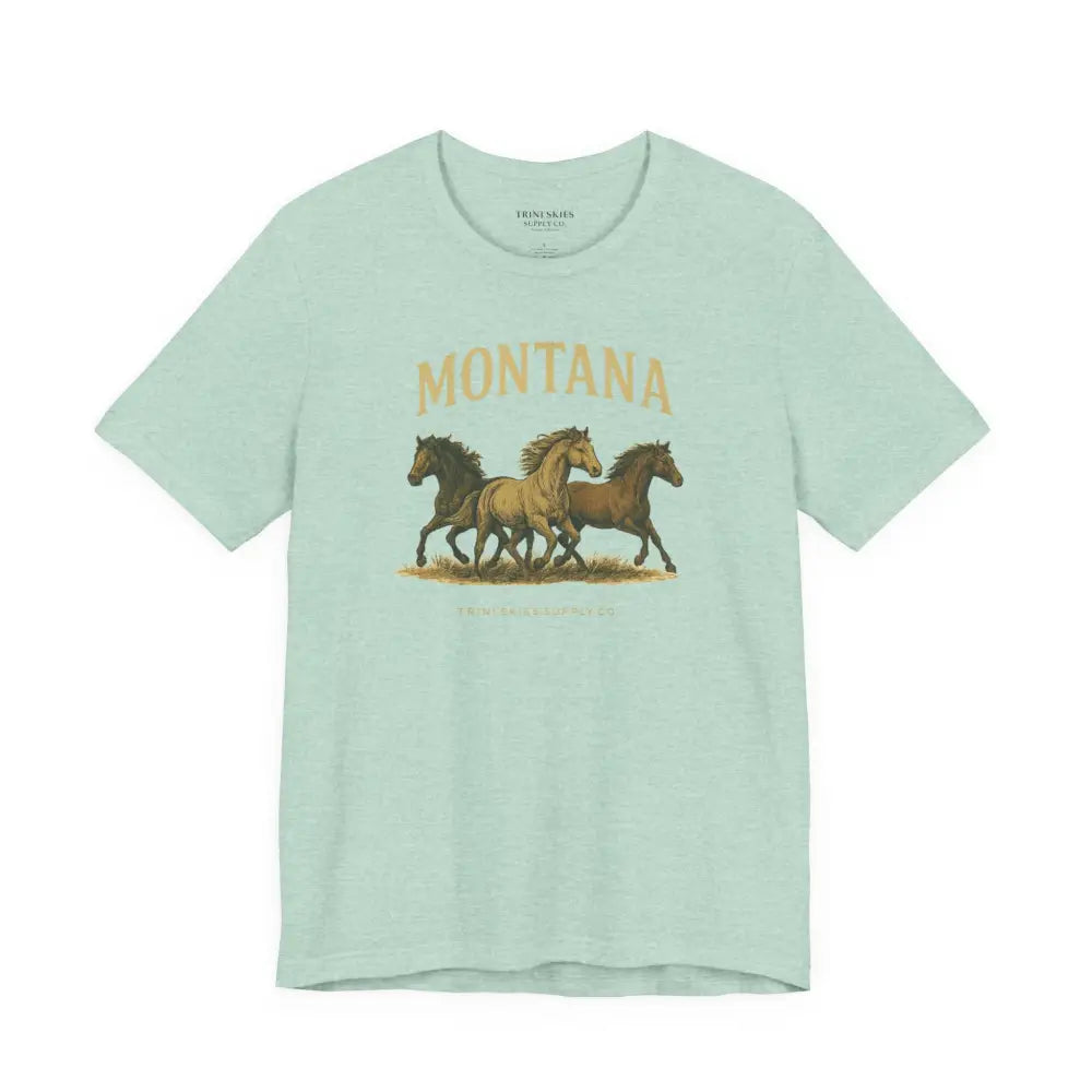 Montana Wild Horses light blue graphic t-shirt with horses and text