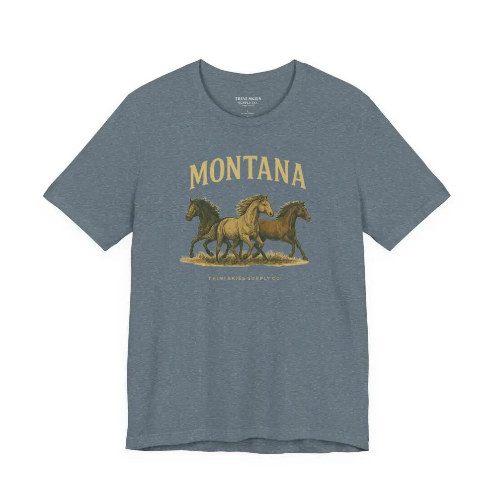 Montana Wild Horses blue men’s graphic t-shirt with three horses tee