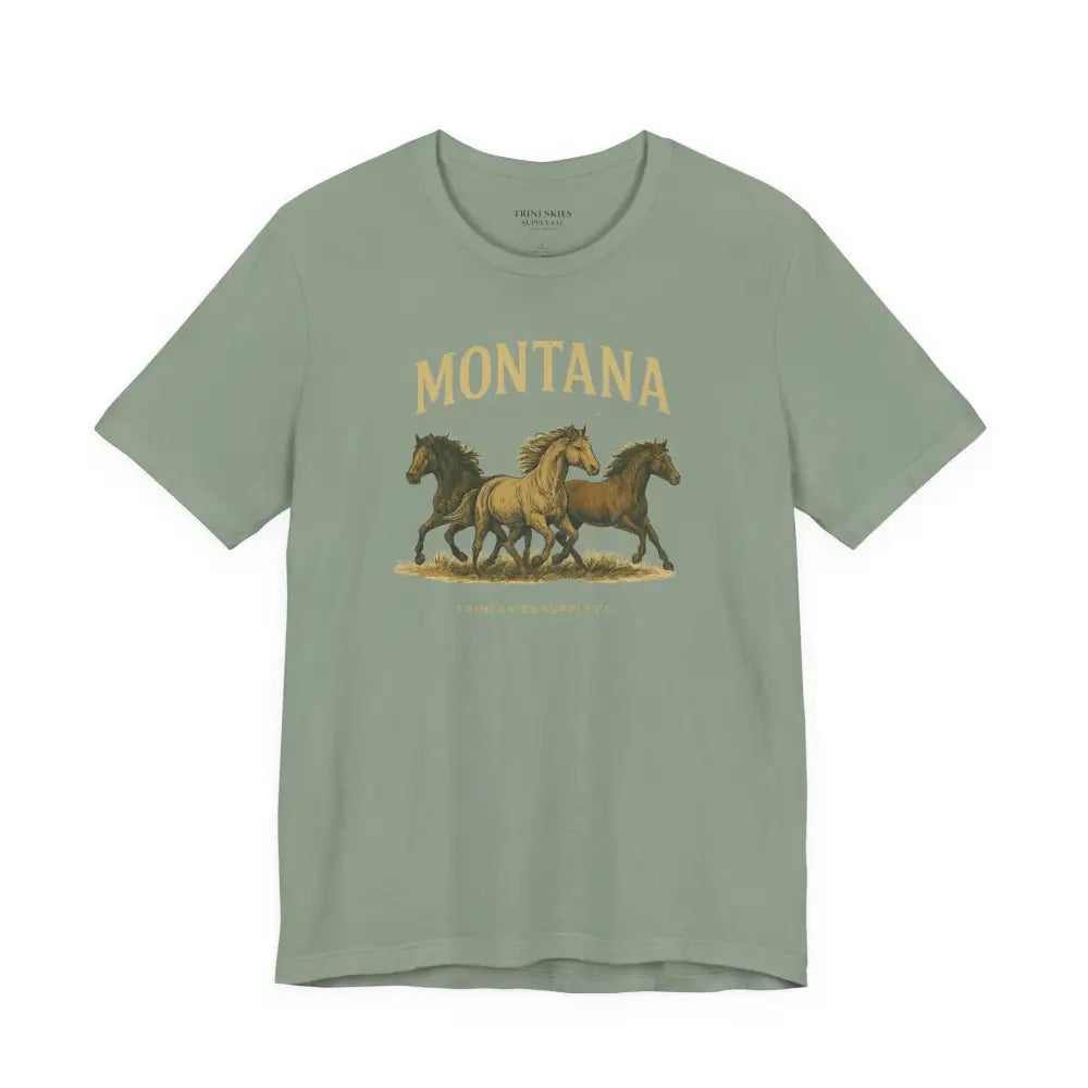 Light green Montana Wild Horses graphic t-shirt with galloping horses