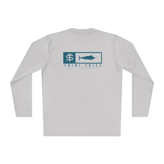 Trini Skies Performance long sleeve white t-shirt with blue fish logo