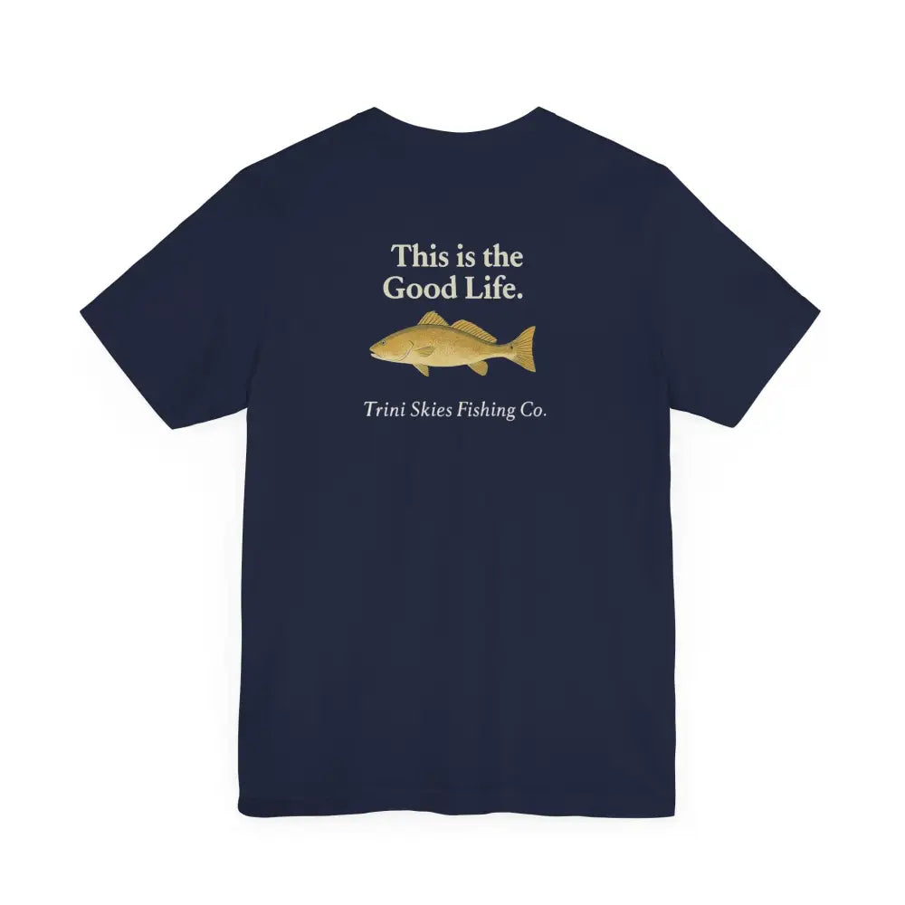 Navy blue Trini Skies Fishing life fishing tee with red drum graphic