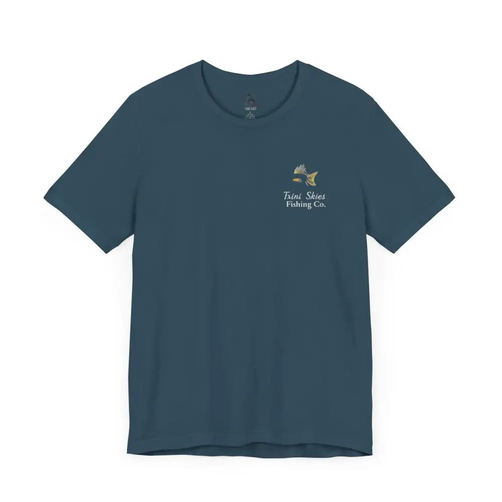 Teal Trini Skies Fishing short-sleeve saltwater lifestyle shirt with fish design