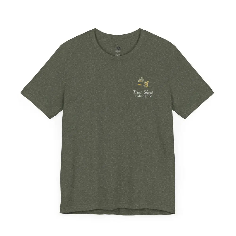 Olive green Trini Skies Fishing crewneck tee with red drum fish graphic