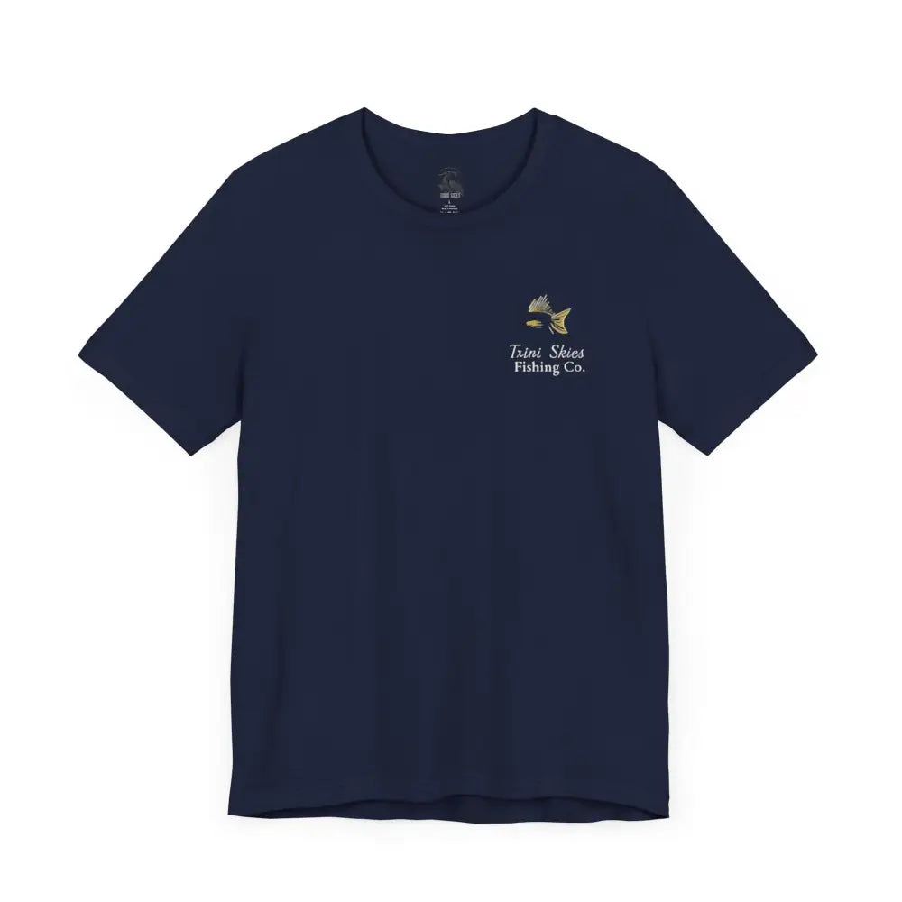 Navy blue v-neck fishing tee with red drum graphic by Trini Skies Fishing