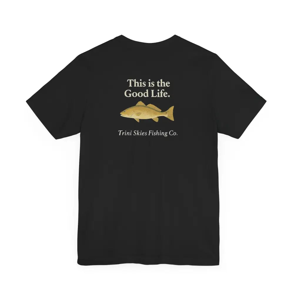 Black short-sleeve Trini Skies Fishing life fishing tee with red drum design