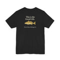 Black short-sleeve Trini Skies Fishing life fishing tee with red drum design