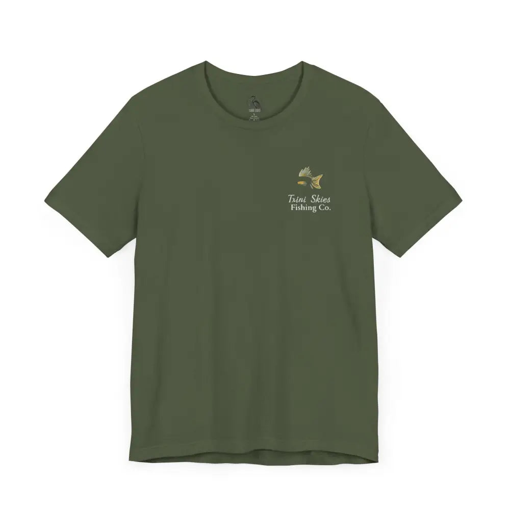 Men’s olive green Trini Skies Fishing life fishing tee with red drum graphic