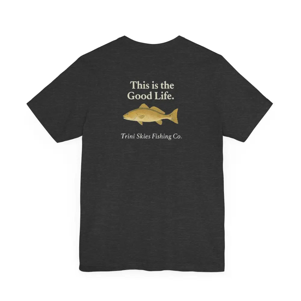 Black Trini Skies Fishing tee with red drum fish graphic
