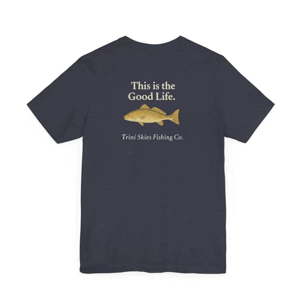 Dark blue Trini Skies Fishing short-sleeve saltwater lifestyle shirt with gold fish design