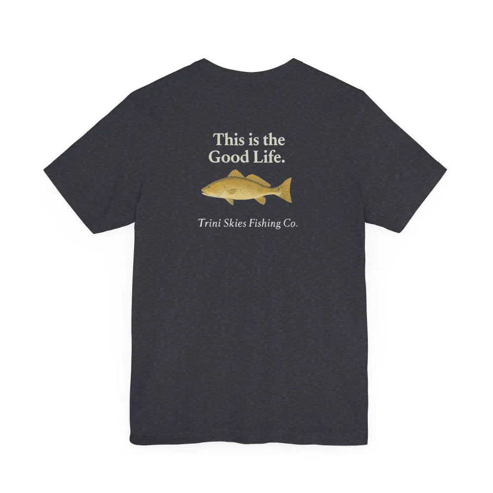 Dark gray Trini Skies Fishing tee with golden red drum fish graphic