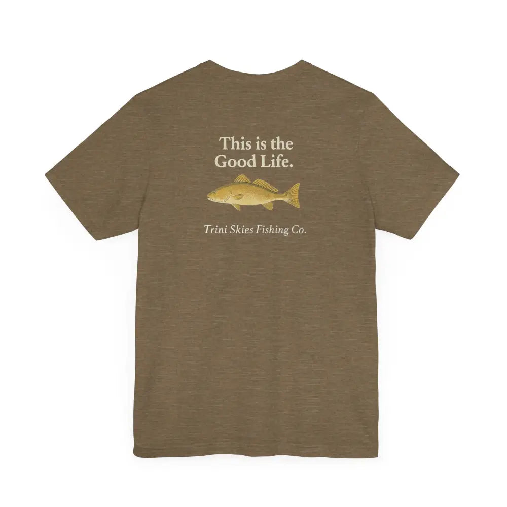 Olive green Trini Skies Fishing saltwater lifestyle shirt with red drum fish graphic