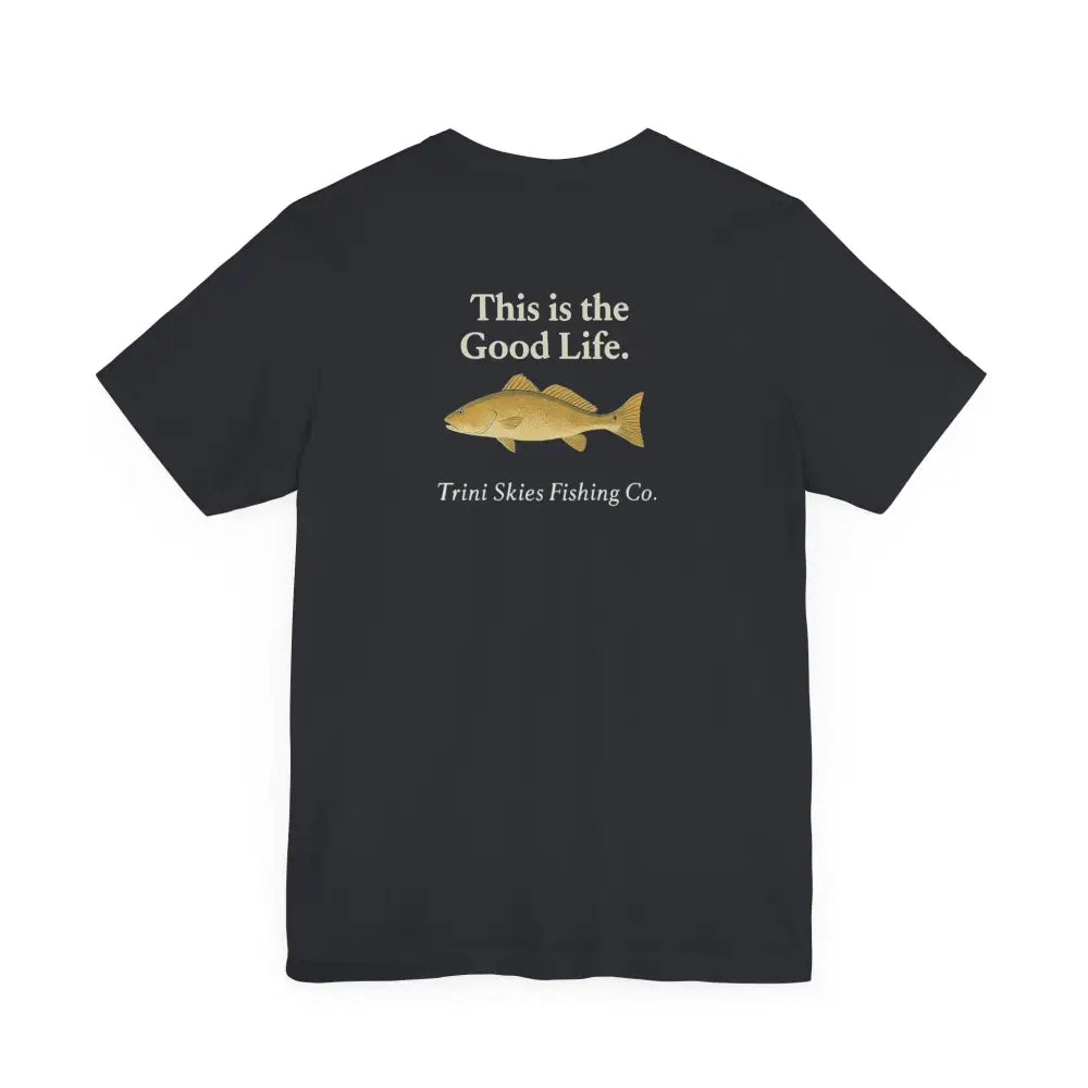 Black Short-Sleeved Trini Skies Fishing Tee with Red Drum Graphic