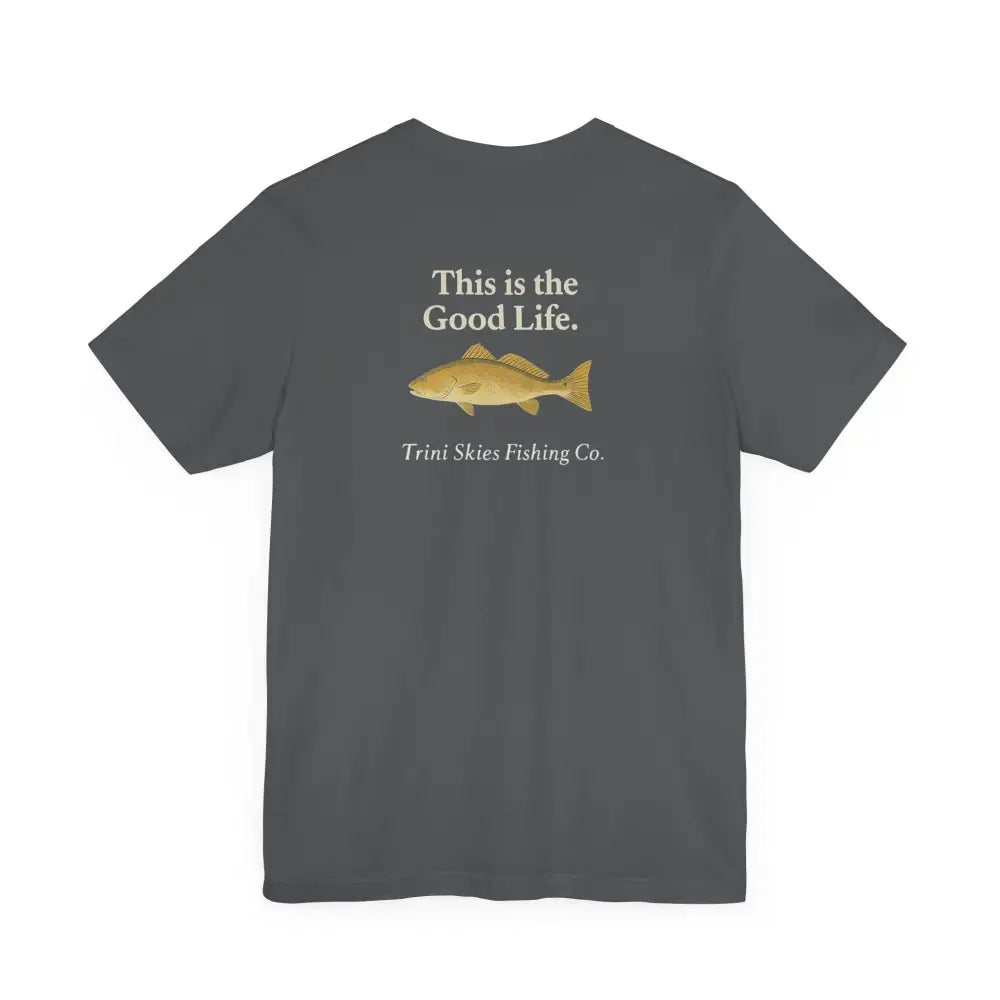 Dark gray Trini Skies Fishing tee with goldish-brown red drum graphic