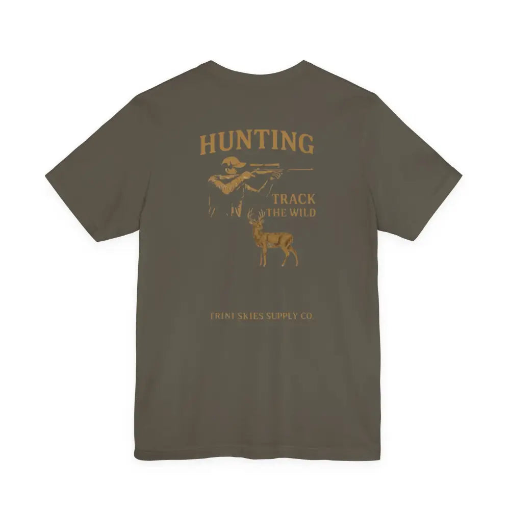 Trini Skies dark olive green hunting tee with vintage graphic