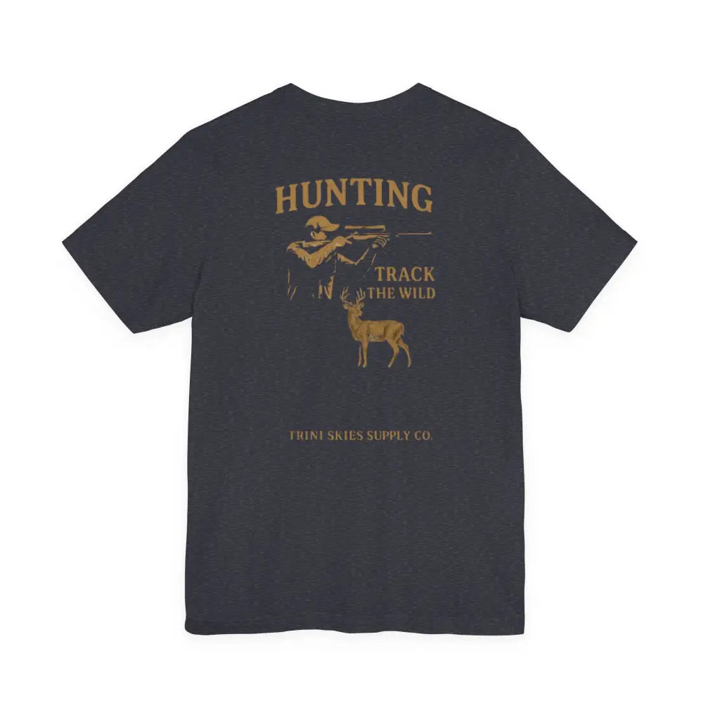 Dark gray Trini Skies Track the Wild Hunting Tee with hunter and deer graphic, perfect for hunting gear